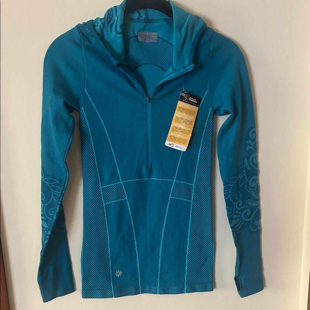 Athleta NEW Blue Teal Color Top size XS long sleeved with Hood Amazing Design!